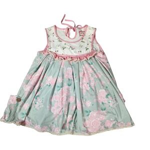 Cheeky Plum Girls Floral Ruffle Pocket Dress Sage Green Pink Size 7Y Boho